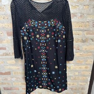 Boho Black Crochet Dress with Floral Embroidery